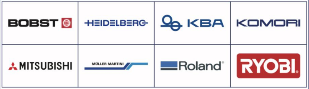 Brands we work with: Bobst, Heidelberg, KBA, Komori, Mitsubishi, Muller Martini, Roland, Ryobi